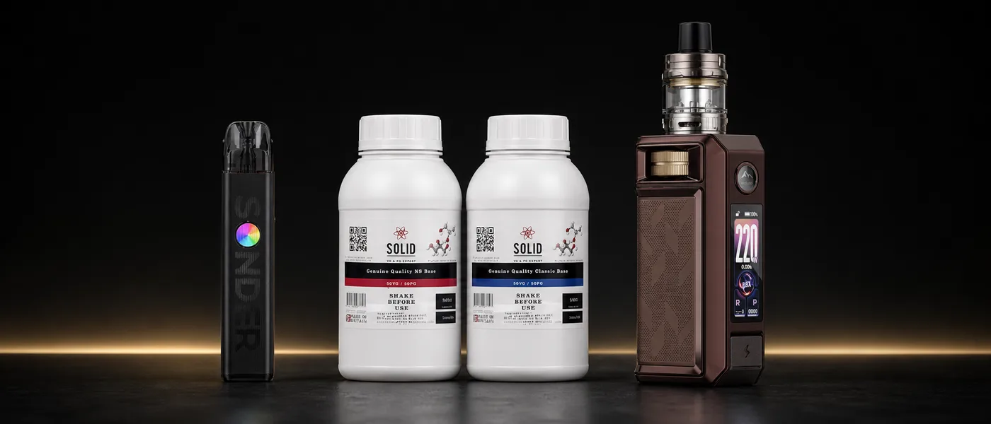 E-liquid base bottles beside a compact pod and a larger vape tank