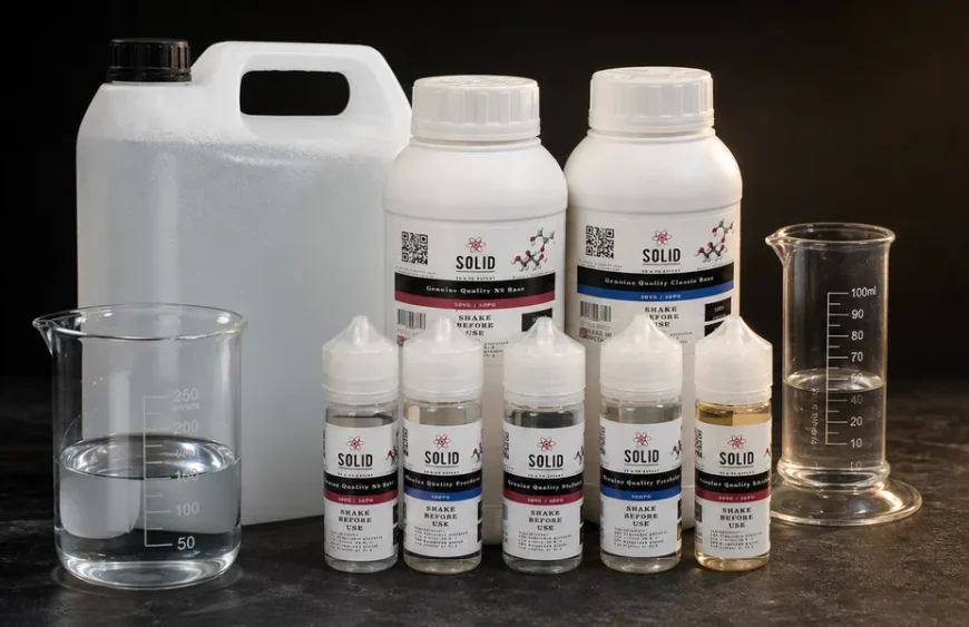 VG, PG and 50/50 e-liquid base bottles arranged as a mixing set