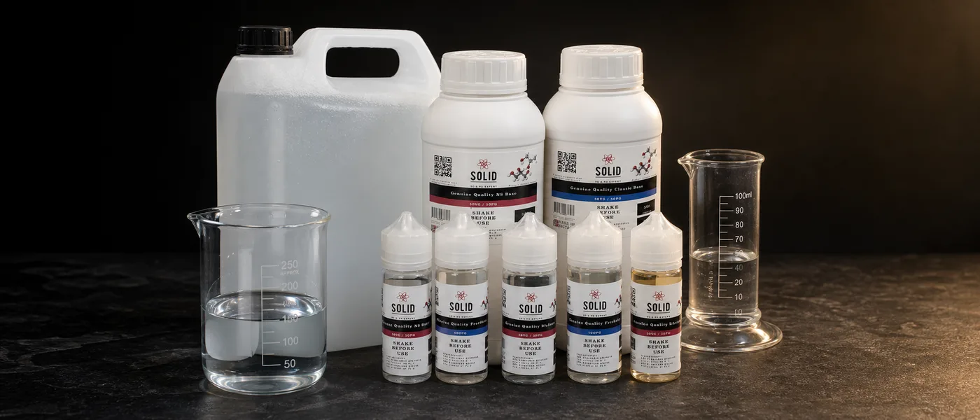 VG, PG and 50/50 e-liquid base bottles arranged as a mixing set