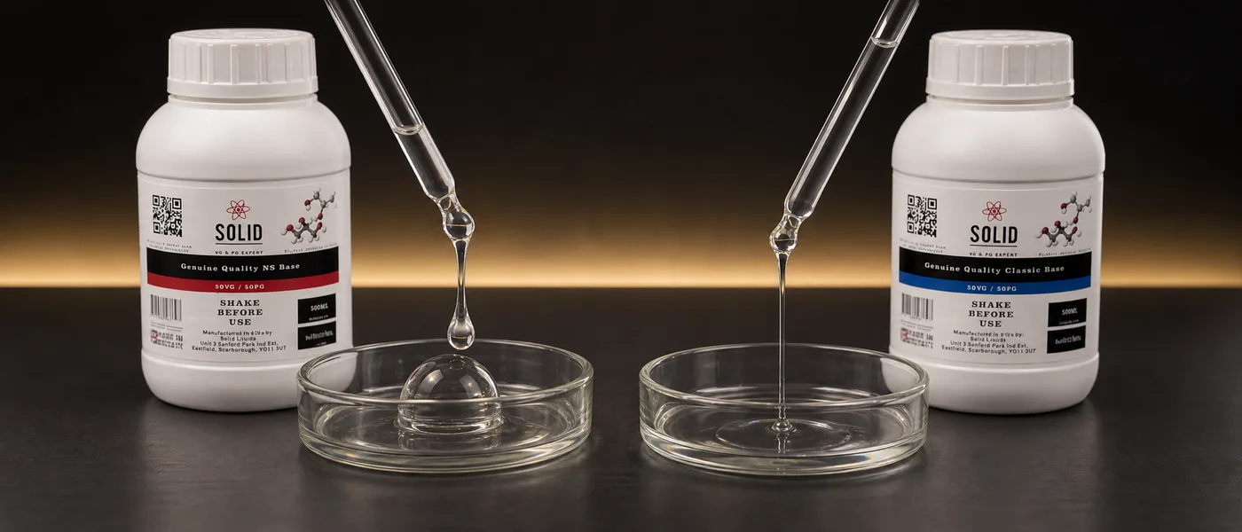 Thick VG and thinner PG shown beside real e-liquid base bottles