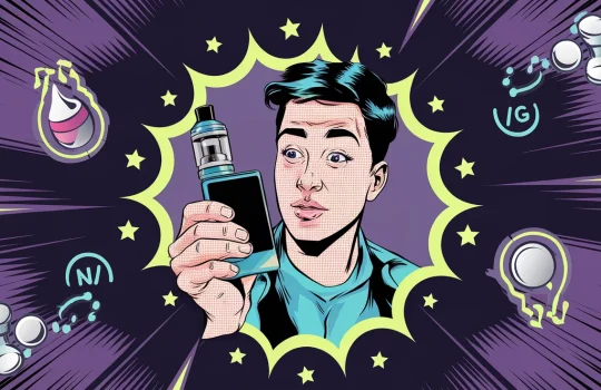 Beginner vaper discovering their first vape device with flavor and nicotine options