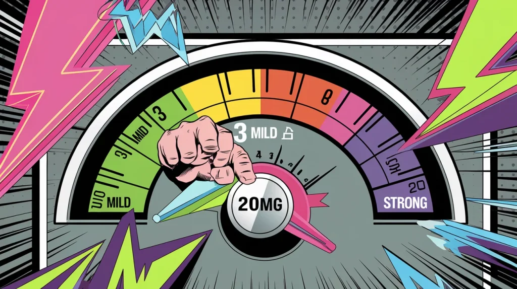 Nicotine strength meter showing levels from 3mg to 20mg for vape liquid guide