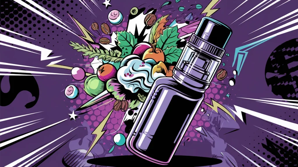 Explosion of vape liquid flavors including fruits, mint, tobacco, and desserts