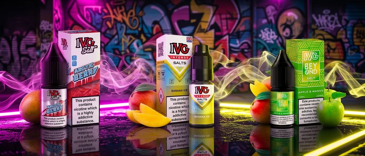 Postava bočica IVG Salt e-tekućine u odvažnoj neonskoj sceni