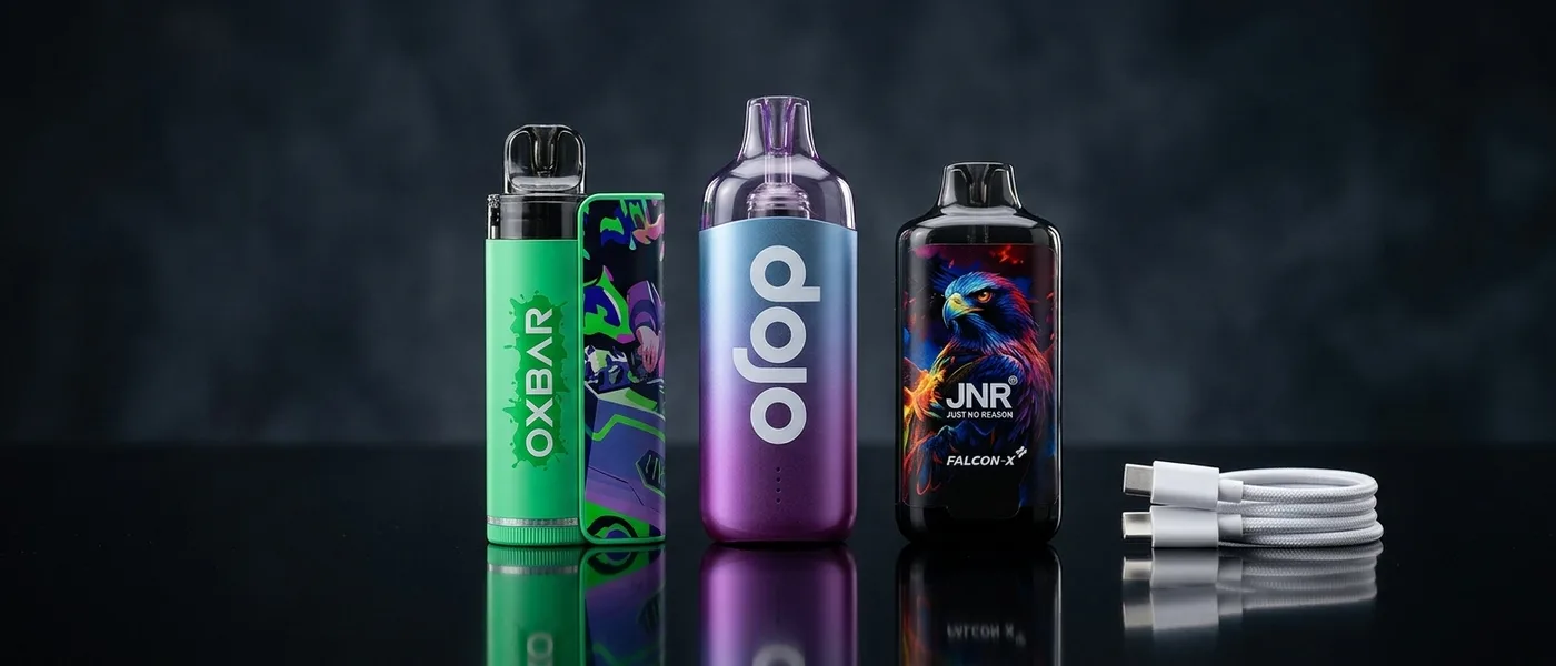 Dispositivos de vaporização recarregáveis e descartáveis num cenário de néon