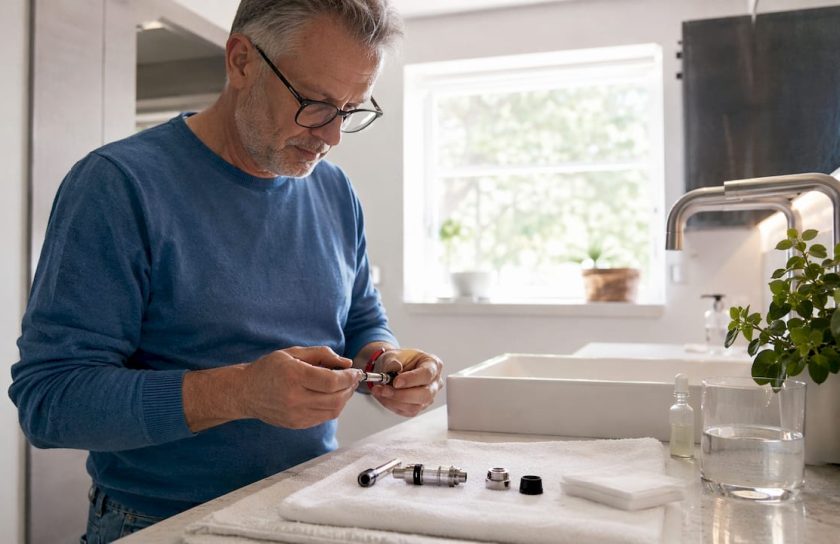 Um homem está a limpar o seu cigarro eletrónico na bancada da cozinha.