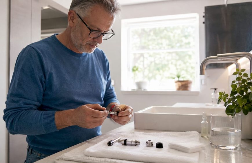 Um homem está a limpar o seu cigarro eletrónico na bancada da cozinha.