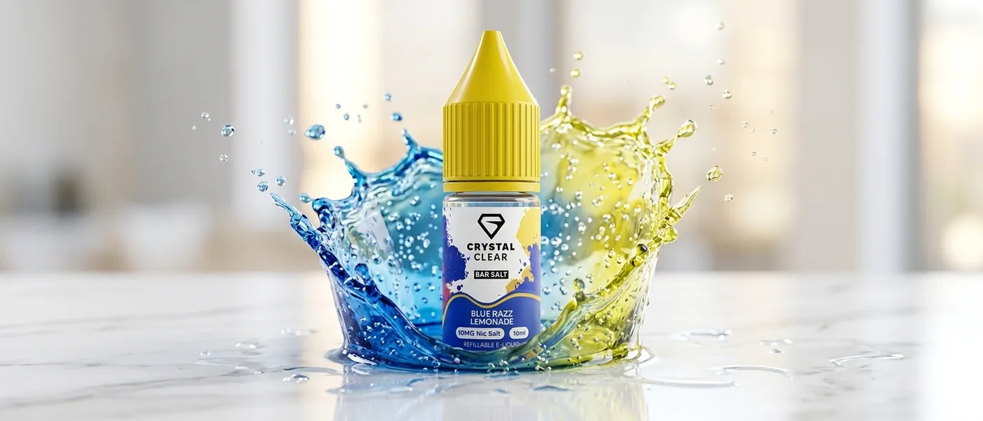 Um frasco de sal de nicotina «Crystal Clear Blue Razz Lemonade» com um toque efervescente