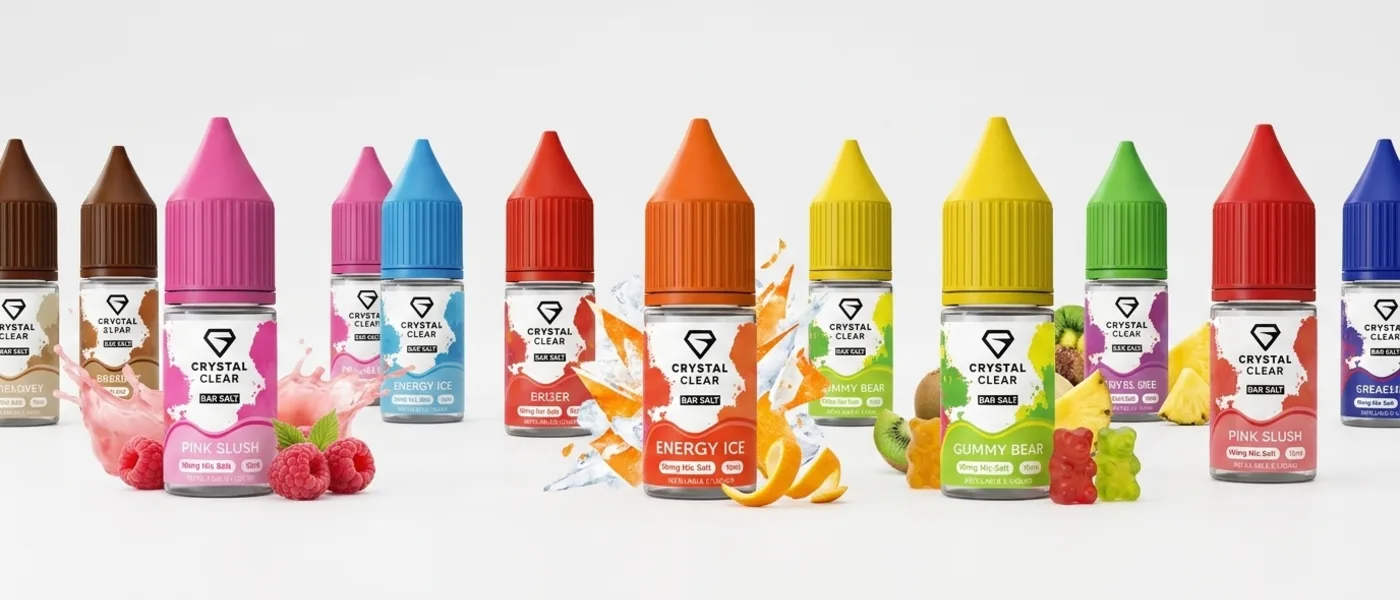 Uma variedade colorida de frascos de sal de nicotina Crystal Clear, distribuídos por famílias de sabores