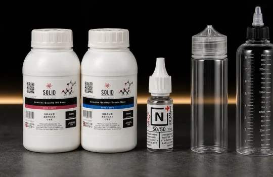 Classic nicotine shot beside real SOLID base bottles and clear mixing bottles