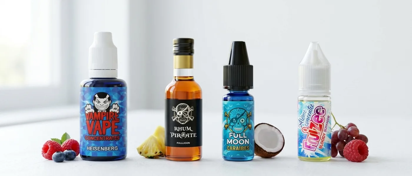 A row of longfill flavour concentrate bottles