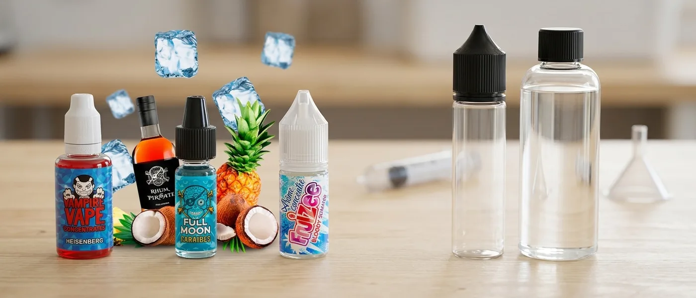 Longfill mixing setup with concentrates, base and an empty bottle