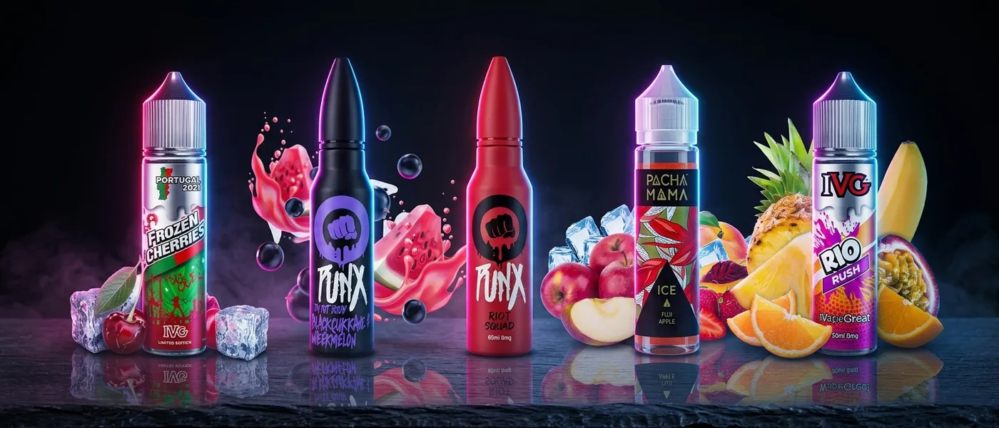 Een reeks voorgevulde flesjes met 60 ml e-vloeistof met nicotinezout in een neonachtige setting