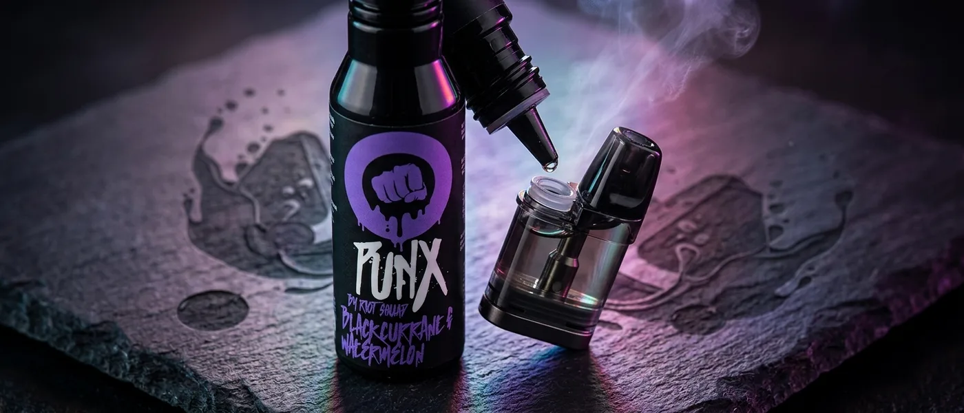 Een flesje met nic salt van Riot Squad waarmee een vape-pod wordt bijgevuld
