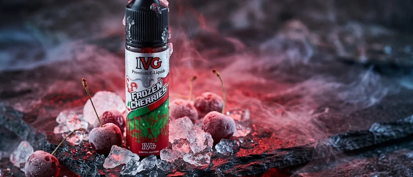 Een voorgevuld flesje IVG Frozen Cherries 60 ml met nicotinezout, op ijs