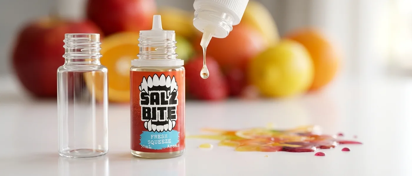 Salz Bite’i lõhnaõlipudel, millest tilgub vedelik tühja segamispudelisse