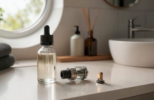 Detailaufnahme einer E-Liquid-Flasche mit Hinweis auf Sucralose auf dem Etikett