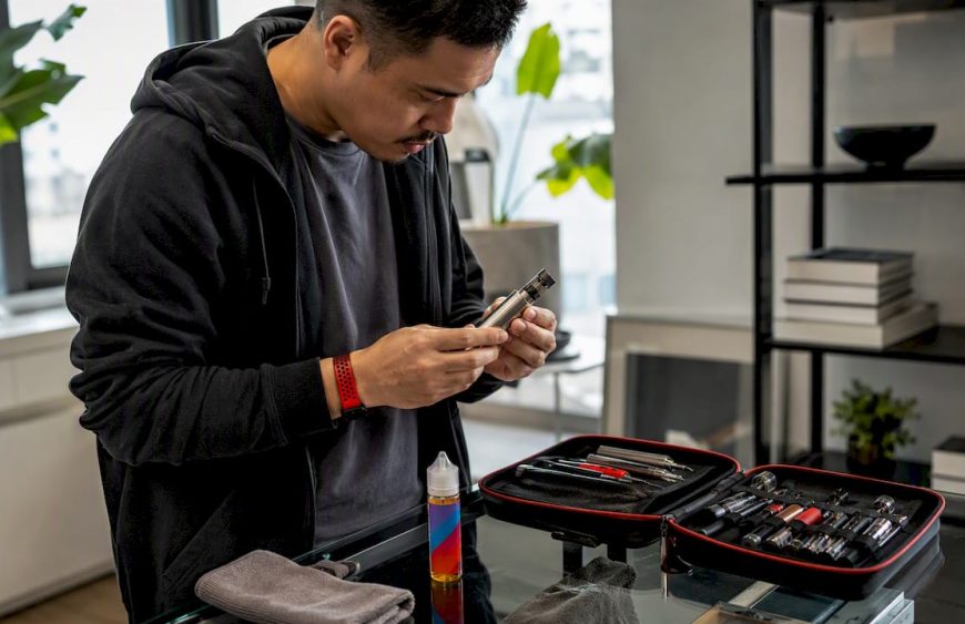 Une personne examine une cigarette électronique posée sur une table en bois.