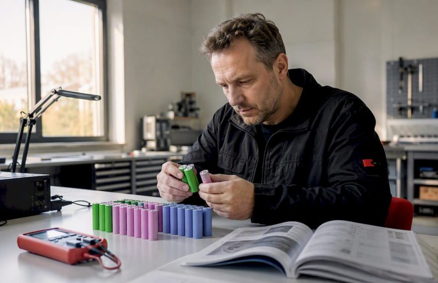 En expert kontrollerar 18650-battericeller på en arbetsbänk.