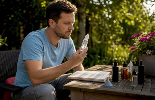 Mit den Händen wird geprüft, ob die E-Liquid-Flasche wirklich BPA-frei ist.