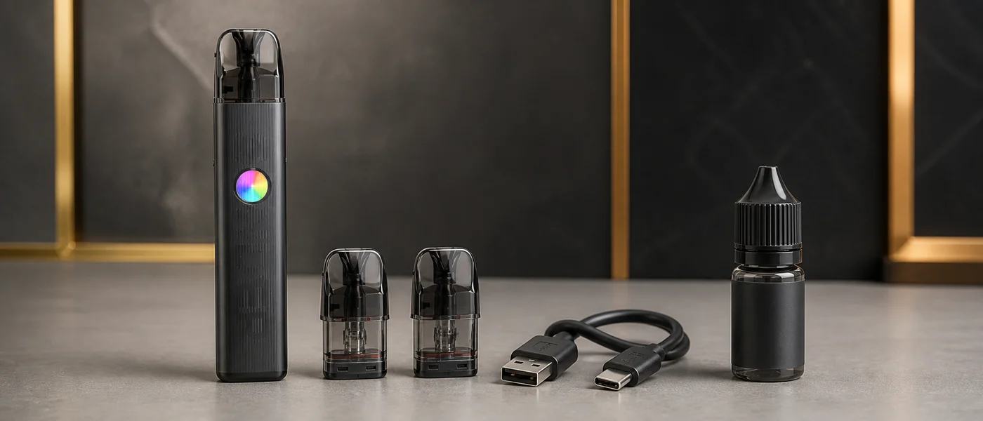 Tuotetyyppinen uudelleen täytettävä pod-paketti, jossa on yhteensopivat patruunat, USB-C-kaapeli ja e-nestepullo