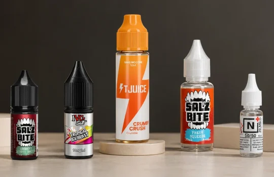 Sticlele Salz Bite, IVG, TJuice și N+ conțin lichid pentru țigări electronice, arome, lichid de completare și concentrat de nicotină