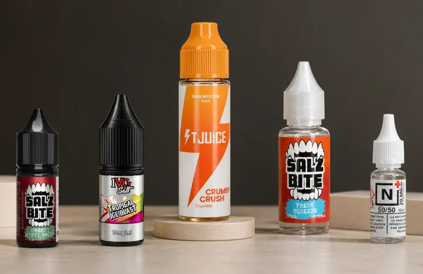 Salz Bite, IVG, TJuice ja N+ pudelid, milles on saadaval e-vedelikud, lõhnaained, shortfill-tooted ja nikotiinilisandid
