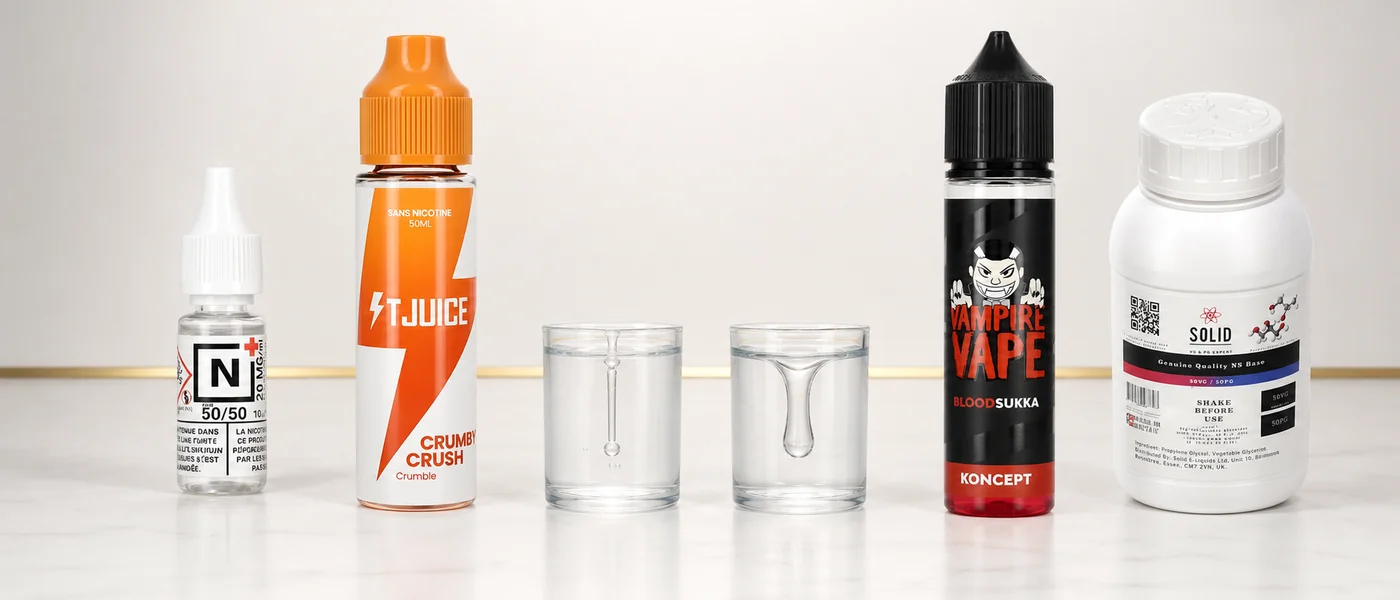 N+, TJuice, Vampire Vape ja NS20 -pullot ohuiden ja paksujen nesteiden viskositeettinäytteiden vieressä