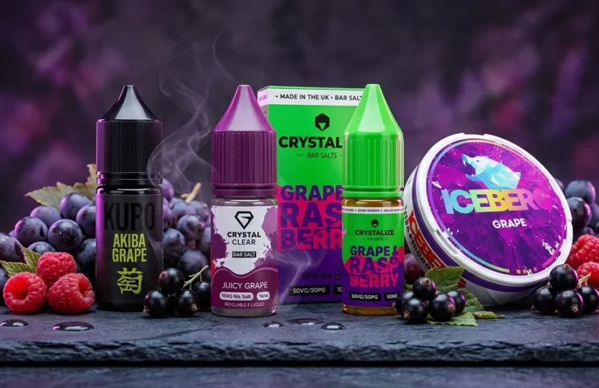 Grape Berry products surrounded by grapes, raspberries and blackcurrants