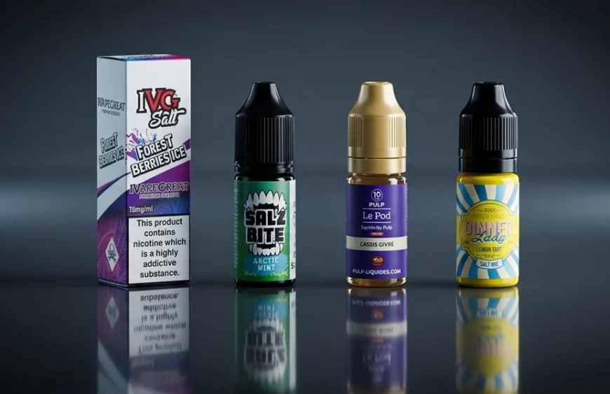 IVG, Salz Bite, Pulp and Dinner Lady bottles illustrating nicotine salt strength labels