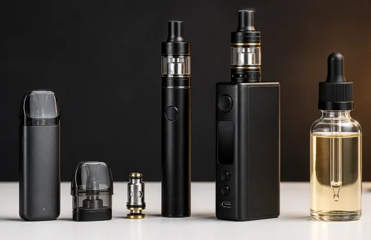 Vaporizador de cápsulas genérico, vaporizador tipo bolígrafo, mod, botella de e-líquido, cápsula y resistencia dispuestos para una guía didáctica