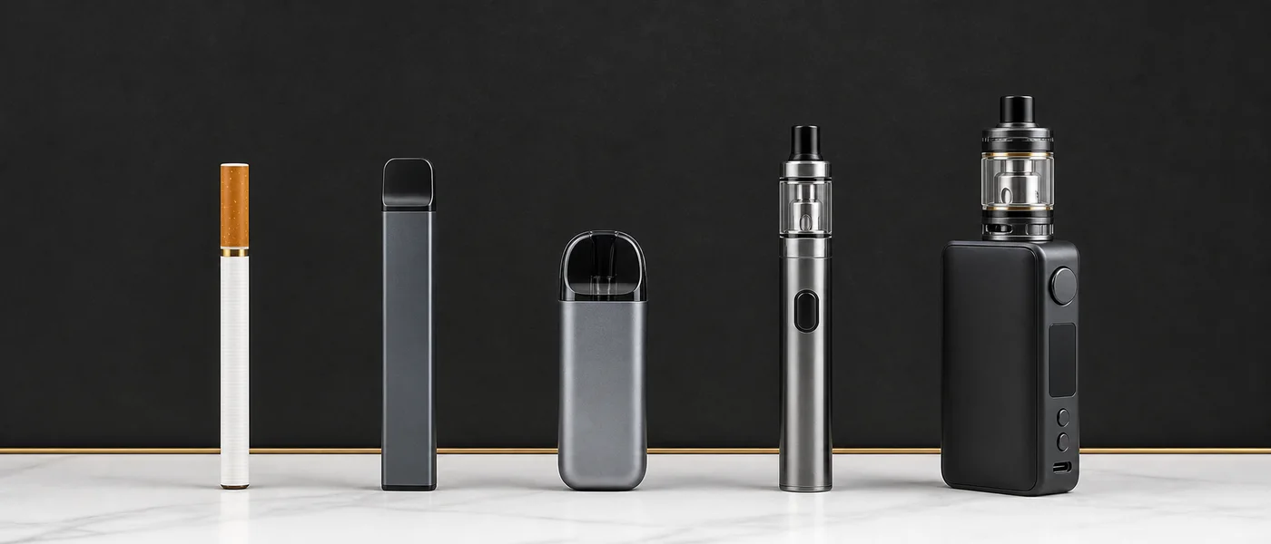 Tavallisten savukkeen kaltaisten, kertakäyttöisten höyrystinten, pod-laitteiden, höyrystyskynien ja box mod -laitteiden kokovertailu