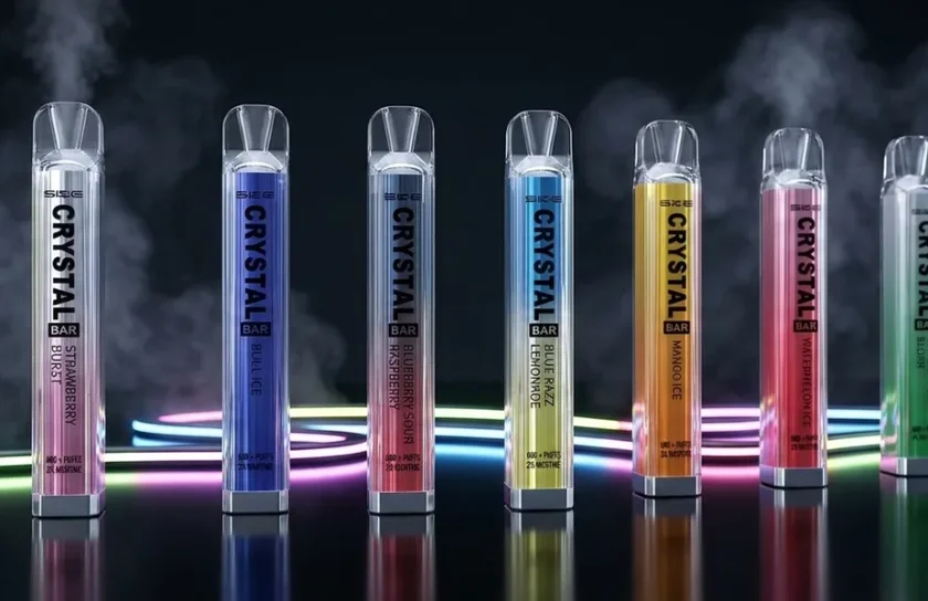 Row of colourful SKE Crystal Bar disposable vapes with neon lighting